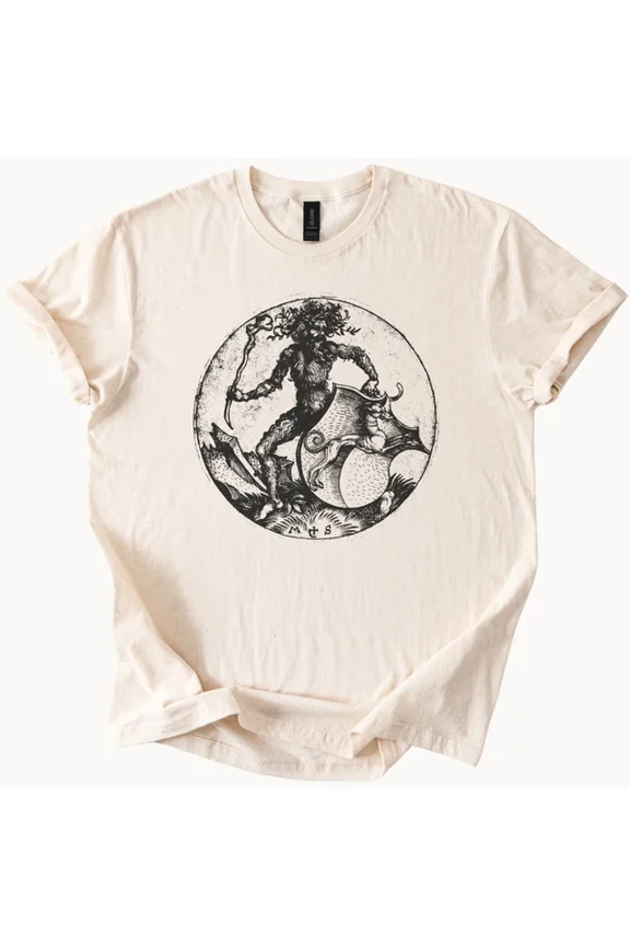 Wild Man With Shield Woodcut Style Graphic Unisex Soft Cotton T Shirt Unisex S-5XL Hot Trending Shirt, Vintage Birthday Gift