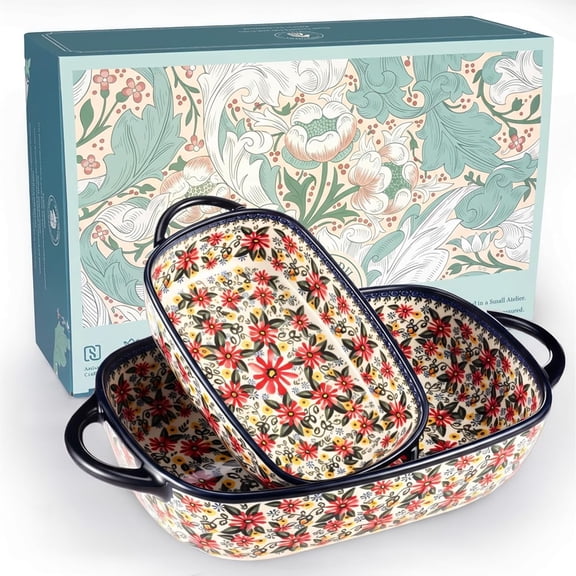 Wild Marigold Ceramic Rectangular Baking Dish Set, 2-Piece Large and Small Casserole Dishes, Oven-to-Table, Microwave and Dishwasher Safe