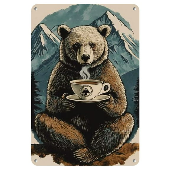 in the Wild Metal Wall Art Rustic Bear & Coffee Cup Tin Sign Cozy Cabin Decor for Kitchen & Living Room Vintage Metal Antique Iron Unique Gift for Wilderness Enthusiasts
