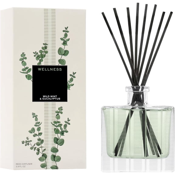 Wild Mint & Eucalyptus - 5.9 fl oz - Fragrance for Up to 90 Days - Reusable, Refillable Glass Holder - Includes 8 All-Natural Reed Sticks - Flame Free