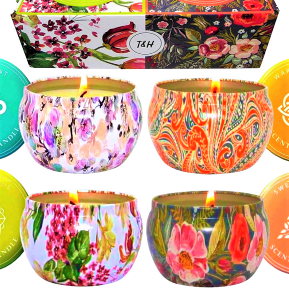 Aromatherapy Candle Gift Set 4 x 6 oz Soy Tin Candles in Fresh Citrus, Wild Mint, Sweet Basil & Warm Amber, Clean-Burning for Relaxation & Home