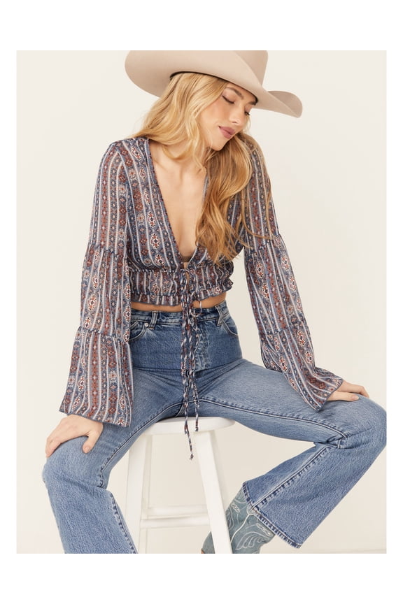 Women's Printed Tie Front Bell Sleeve Cropped Kimono - A4726-W1227   US