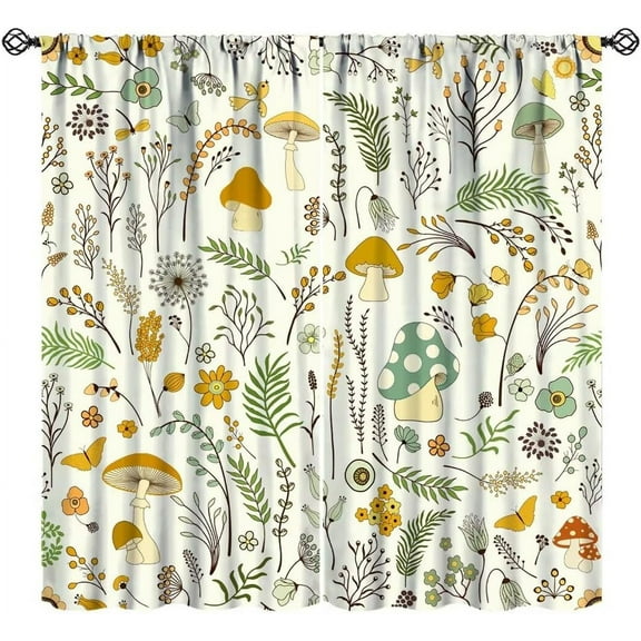 Wild Mushroom Curtains, Vintage Botanical Rustic Retro Wildflower Herbs Plants Green Mushroom Window Treatments for Living Room Kitchen Bedroom 55x39in