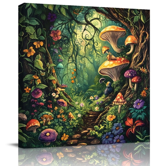 Wild Natural Forest Mushroom Canvas Artwork Painting Art, Vintage Scene Flower Plant Square Framed Wall Decorations Prints Picture for Bedroom Kitchen Living Room, 8x8 in
