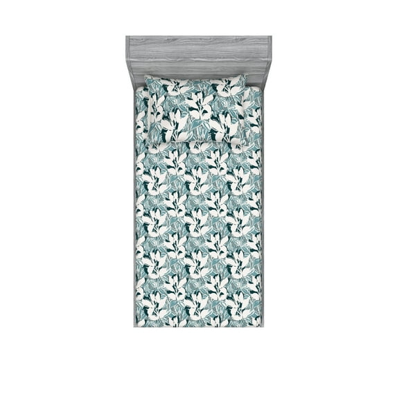 Wild Nature Fitted Sheet & Pillow Sham Set, Exotic Jungle Inspired Abstract Drawn Leaves Pattern on Stripes, Decorative Printed 2 Piece Bedding Decor, Twin, White Dark Teal Seafoam, by Ambesonne