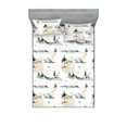 thumbnail image 1 of Wild Nature Fitted Sheet & Pillow Sham Set, Wolf and Deer Sketch Mountain Scene Pattern with Circle Lines Print, Decorative Printed 3 Piece Bedding Decor, Queen, Amber White Pale Teal, by Ambesonne, 1 of 2