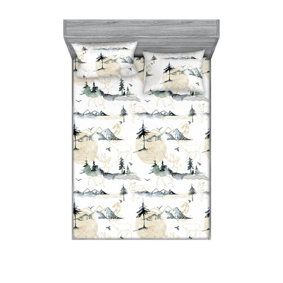 Wild Nature Fitted Sheet & Pillow Sham Set, Wolf and Deer Sketch Mountain Scene Pattern with Circle Lines Print, Decorative Printed 3 Piece Bedding Decor, Queen, Amber White Pale Teal, by Ambesonne