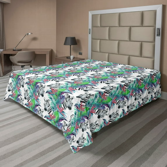 Ambesonne Wild Nature Flat Bedding Sheet Soft Top Sheet, Art Zebra Heads Floral, Full, White and Fern Green
