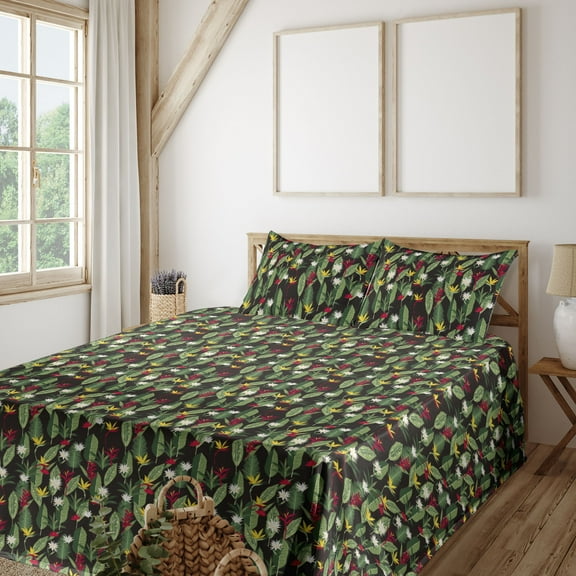 Ambesonne Wild Nature Fitted & Flat Sheet with Shams 4 Pcs Set, Exotic Greenery Flowers, Calking, Dark Coral Reseda Green