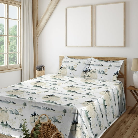 Ambesonne Wild Nature Fitted & Flat Sheet with Shams 4 Pcs Set, Wolf and Deer Mountain, Queen, Amber White Pale Teal