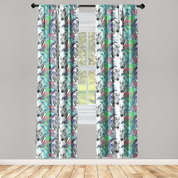 Wild Nature Window Curtains, Jungle Vibe Colorful Watercolor Zebra Heads and Floral Ornament Print, Lightweight Decor 2-Panel Set with Rod Pocket, Pair of - 28"x95", White and Fern Green, by Ambesonne
