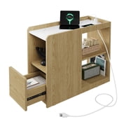 Wild Oak Mobile End Table with Charging Station, Locking Wheels, USB-C, Drawer & 3-Level Shelf for Living Room