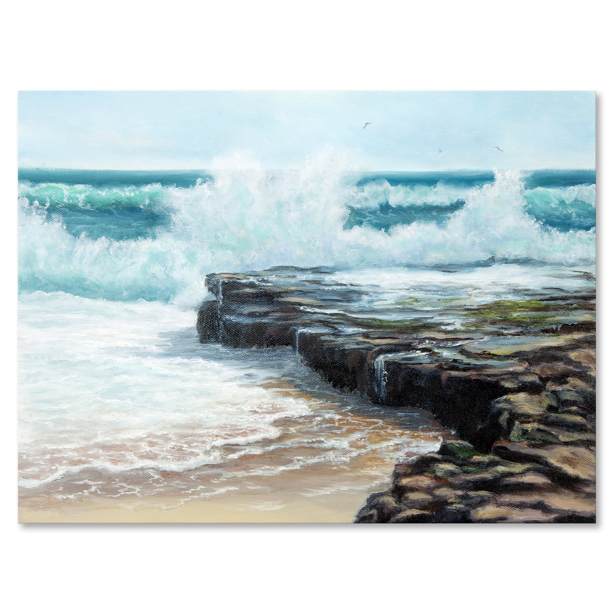 Wild Ocean Waves Breaking On The Shore 12 in x 8 in Painting Canvas Art Print, by Designart