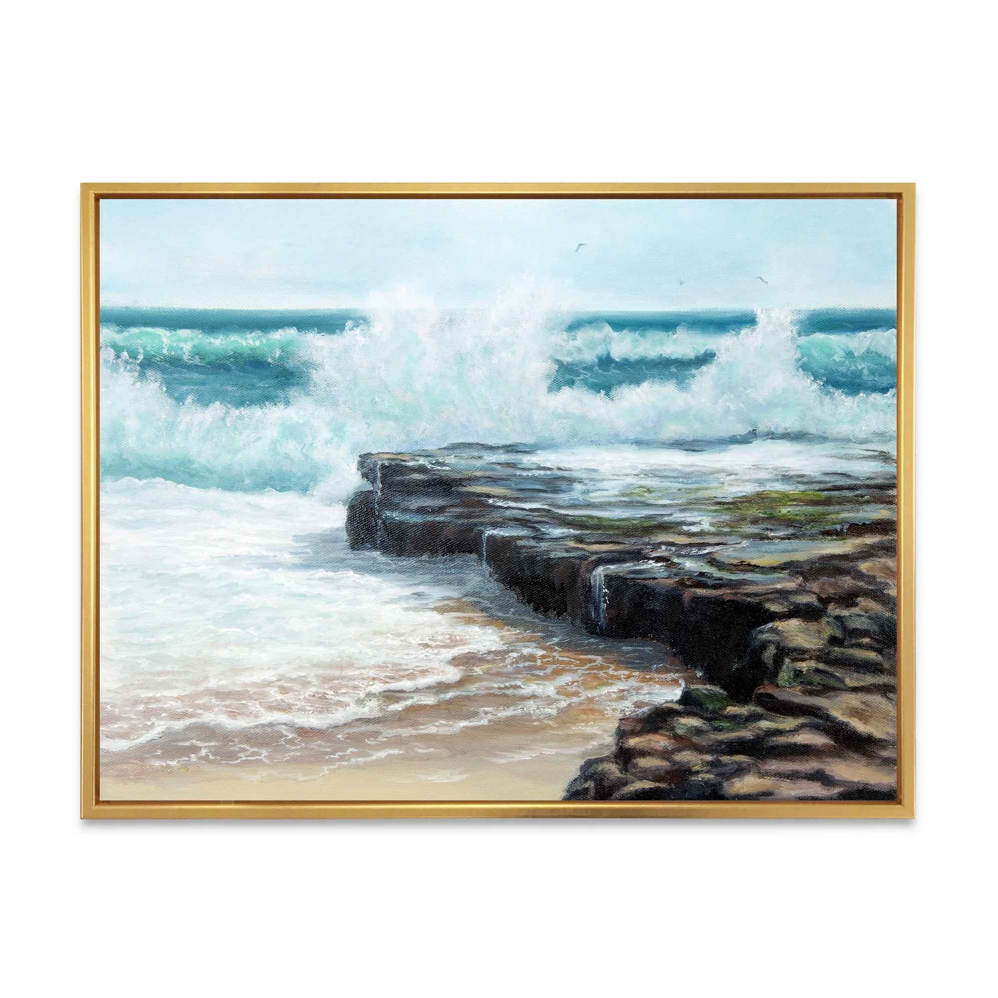 Wild Ocean Waves Breaking On The Shore 32 in x 16 in Framed Painting Canvas Art Print, by Designart