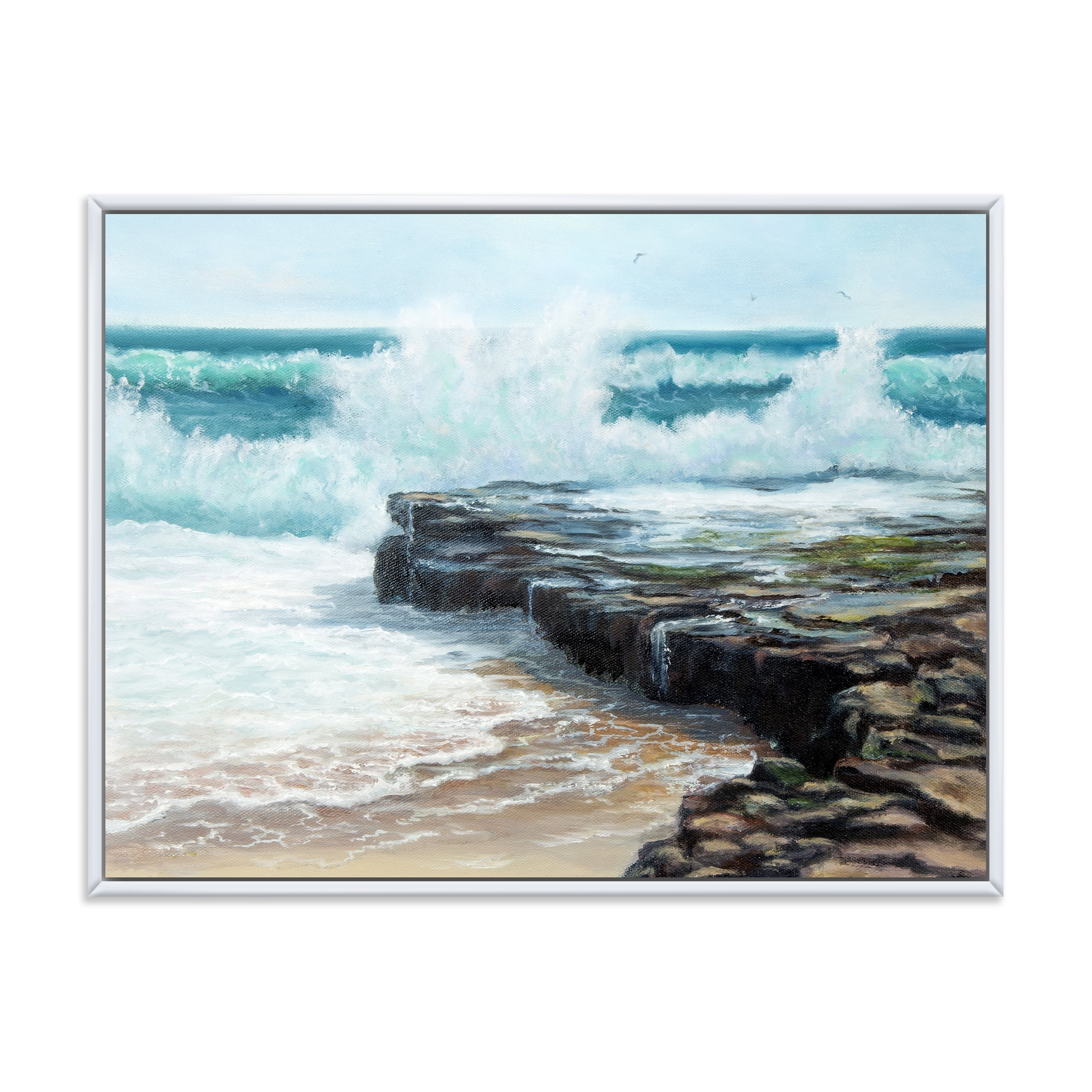 Wild Ocean Waves Breaking On The Shore 32 in x 24 in Framed Photography Canvas Art Print, by Designart