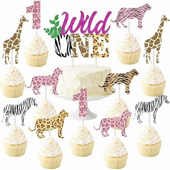 Wild One 1st Birthday Cake Topper - 31 Pcs Jungle Safari Decorations, Pink Animal Print Cupcake Toppers, Cheetah Party Supplies