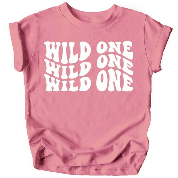 Wild One 1st Birthday Shirt for Baby Girl or Boy One Year Old Wavy Retro Birthday White on Mauve Shirt 18 Months