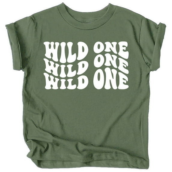 Wild One 1st Birthday Shirt for Baby Girl or Boy One Year Old Wavy Retro Birthday White on Military Green Shirt 12 Months