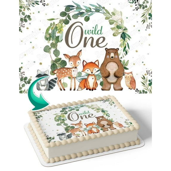 Wild One Baby Forest Animals Bear Fox Owl Raccoon Baby Shower Edible Image Cake Topper For Quarter Sheet Cake By TNCT