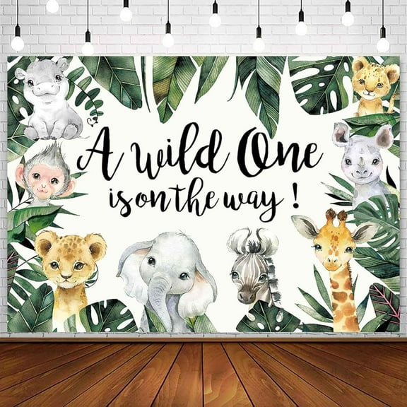 Wild One Baby Shower Backdrop Jungle Safari Party Background Decorations Tropical Greenery Zoo Animals Boy Cake Table Photo Booth Banner Supplies