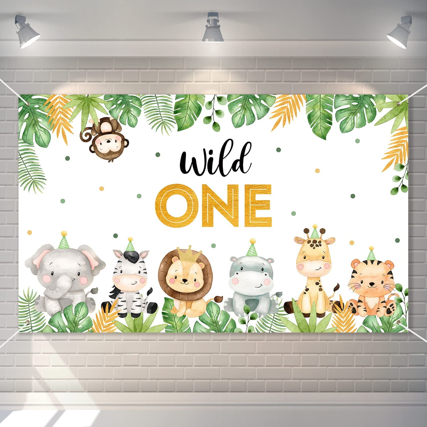 Wild One Backdrop Banner Birthday Decorations for ,Large Size 3 x 5Ft Jungle Safari Cute Animals 1st First Party Supplies Green