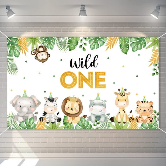 Wild One Backdrop Banner Birthday Decorations for ,Large Size 3 x 5Ft Jungle Safari Cute Animals 1st First Party Supplies Green