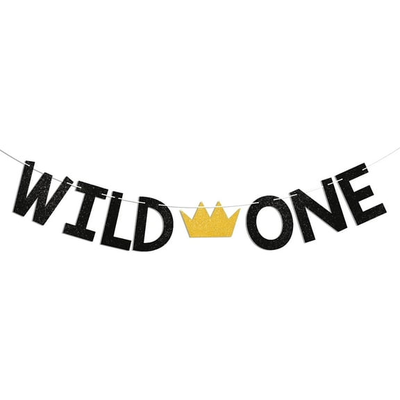 Wild One Banner - One Wild Year Banner, Boy Girl 1st Birthday Decor, Wild Themed First Birthday Party Decorations Black Glitter