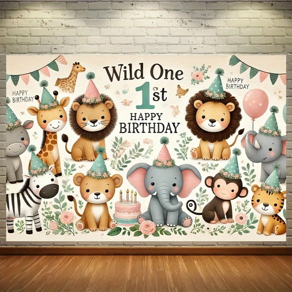 Wild One Birthday Backdrop Safari Happy 1st Birthday Photography Background Pink Floral Animals Newborn Shower Birthday Party Decorations Banner Supplies Photo Booth Props