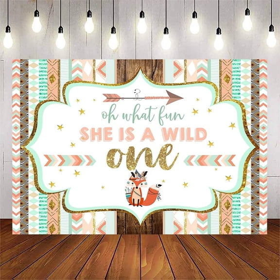 She's a Wild One Birthday Backdrop Tribal Teepee Tent Boho Theme First Birthday Photography Background for Girl Fox 1st Birthday Party Decorations Banner Supplies