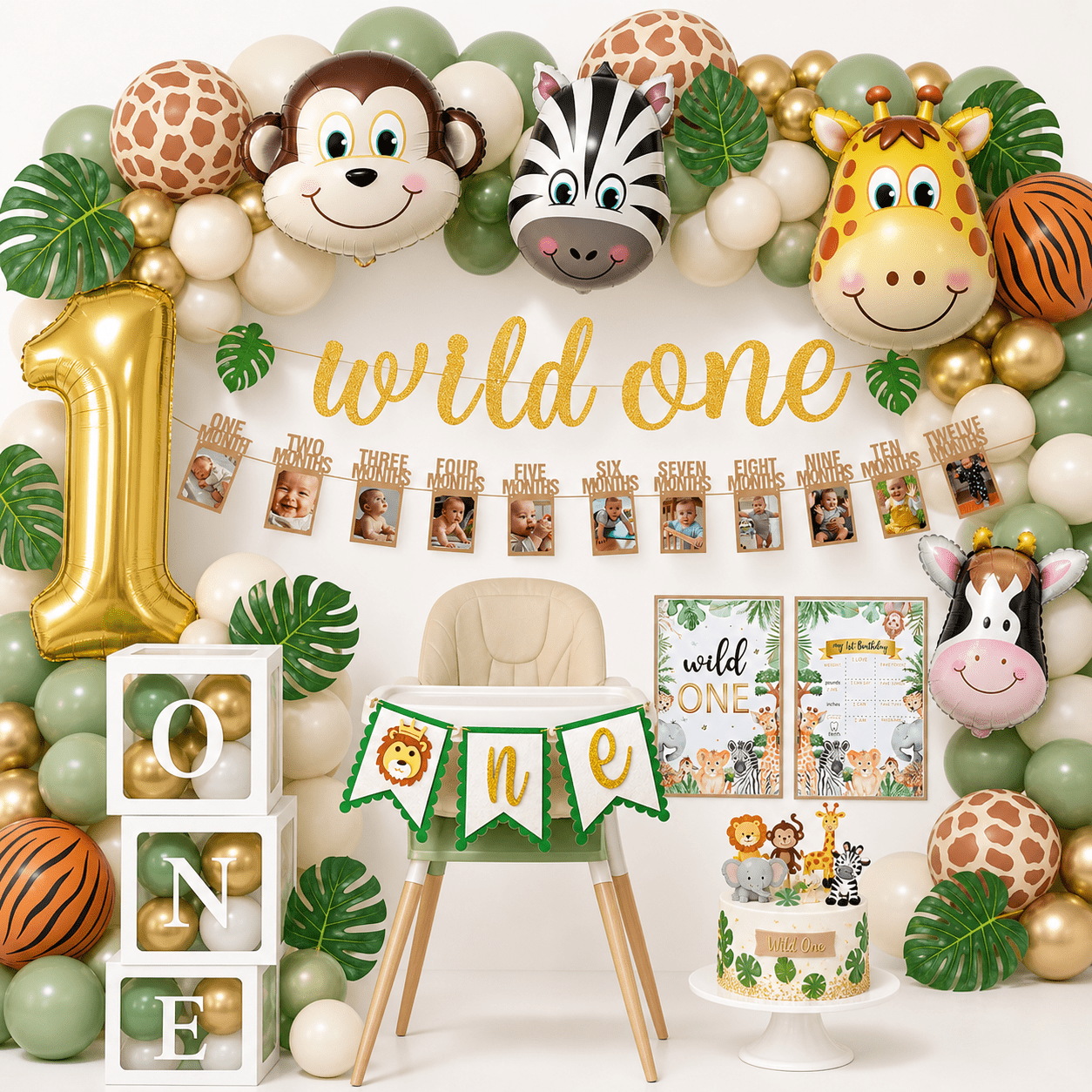 Wild One Birthday Decorations, 1st Birthday Decorations for Boy or Girl, Photo Banner, Balloon Box, Balloons Garland, High Chair Banner, Jungle Theme Safari Party Backdrop for Boys & Girls