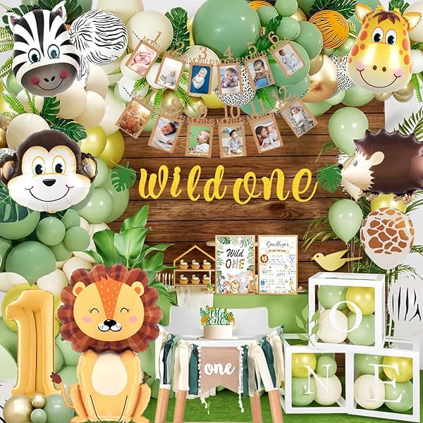 Wild One Birthday Decorations, 1st Birthday Decorations for Boy or Girl, Photo Banner, Balloon Box, Balloons Garland, High Chair Banner, Jungle Theme Safari Party Backdrop for Boys & Girls