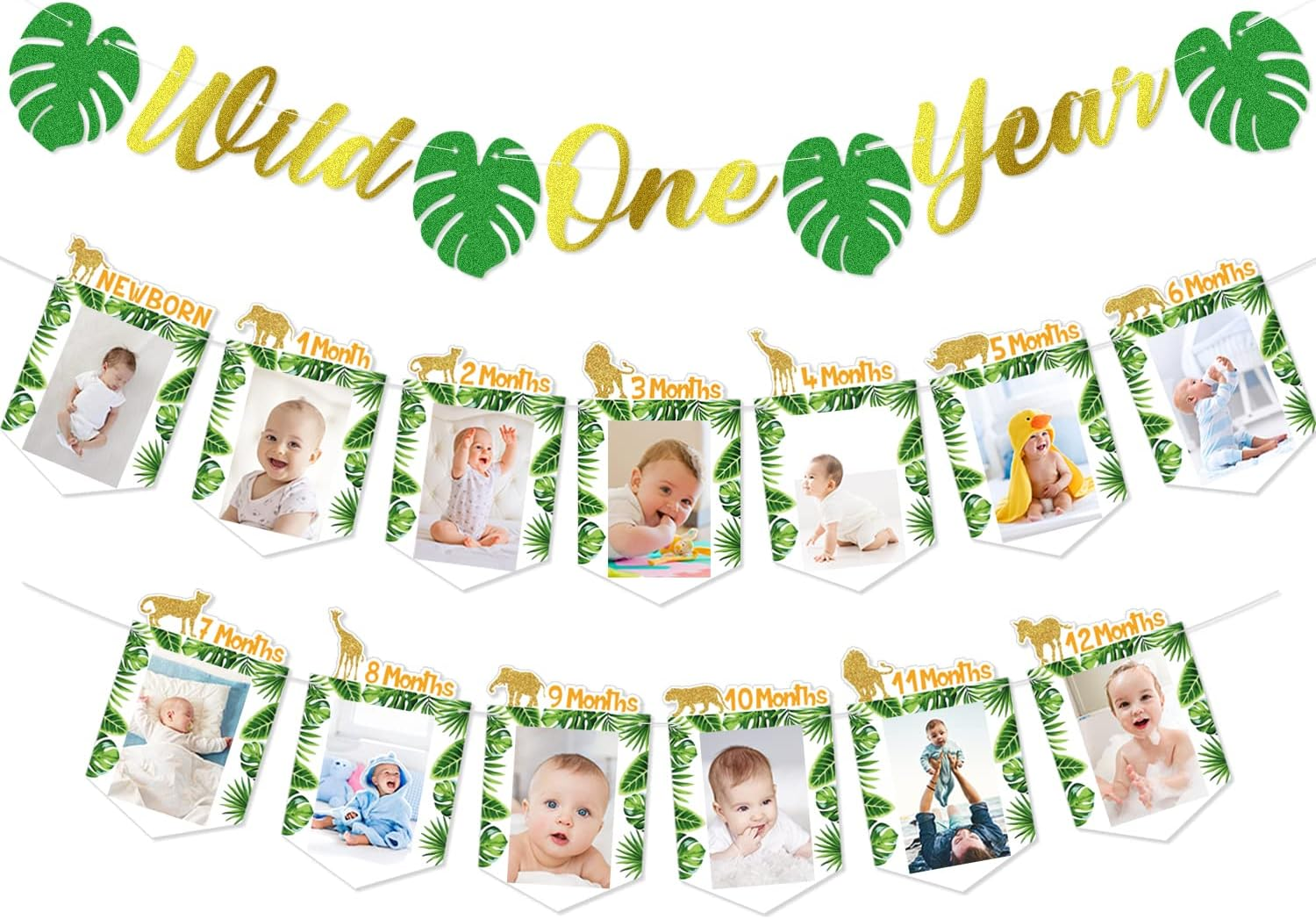 Wild One Birthday Decorations, Baby New Born to 12 Months Photo Banner, Wild One Year Garland, Jungle Safari Animal Theme 1st Birthday Party Supplies for Baby