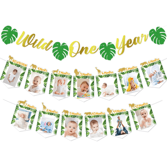 Wild One Birthday Decorations, Baby New Born to 12 Months Photo Banner, Wild One Year Garland, Jungle Safari Animal Theme 1st Birthday Party Supplies for Baby