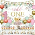 thumbnail image 1 of Wild One Birthday Decorations Girl Pink Leopard Jungle Safari Theme 1st Birthday Party Decorations Wild One Backdrop Jungle Animal Table Cover Triangle Banner Cake Topper Balloons, 1 of 7