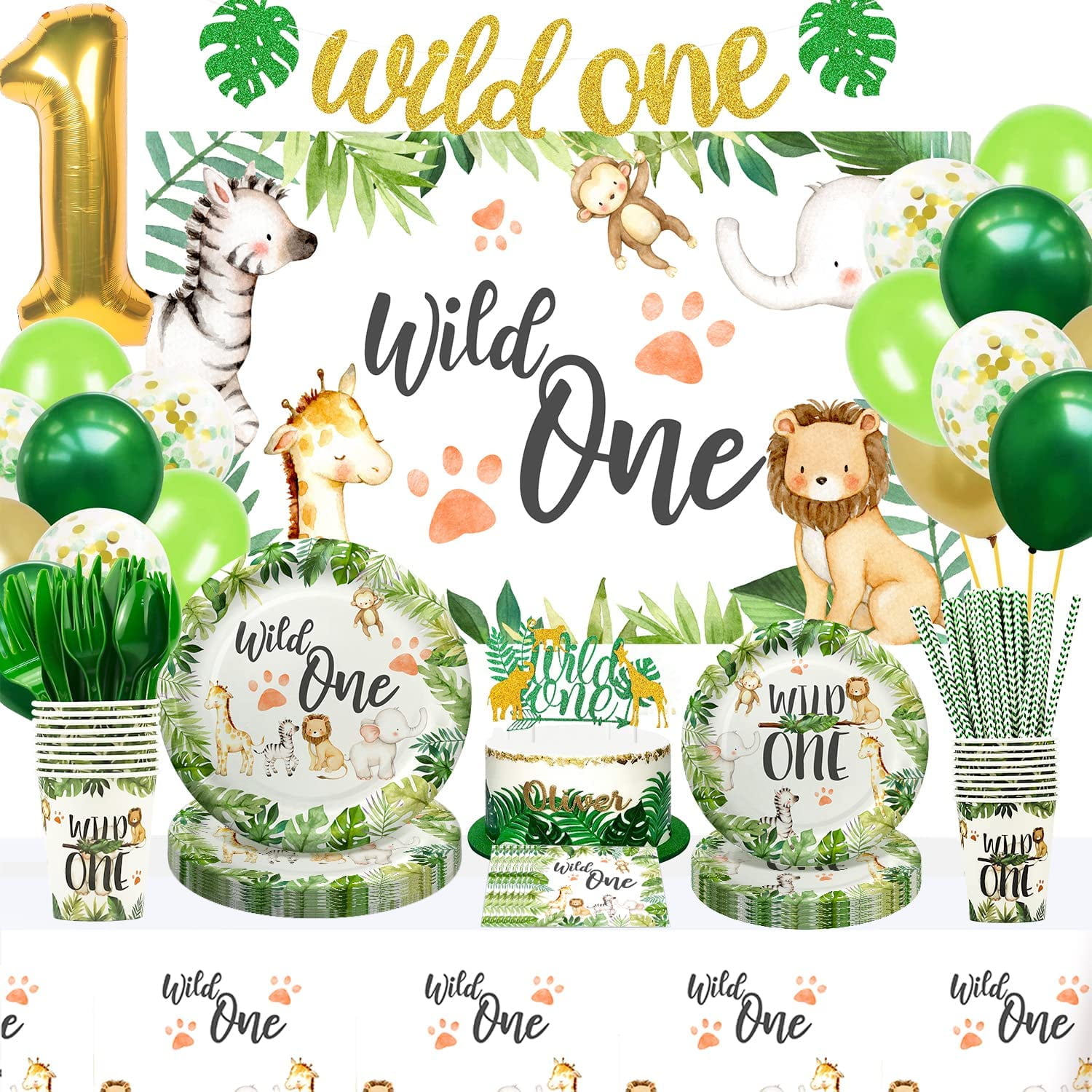 Wild One Birthday Decorations - Jungle Theme Party Supplies Tableware Includes Plates, Cup, Napkin, Balloon, Backdrop, Tablecloth, Straw, Cutlery, Banner, Safari Theme 1st Birthday Decorations