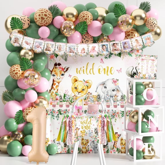 Wild One Birthday Decorations Safari Jungle Theme First Birthday Decorations For Girl One Year Old Bday Party Supplies Wild One Backdrop Tablecloth Pink Safari Balloon Arch Balloon Blocks Y114