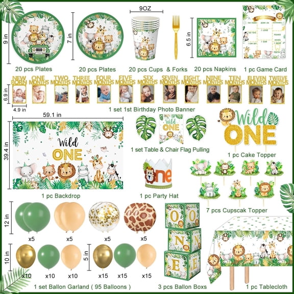 Wild One Birthday Decorations Set Includes Photo Banner Balloons Garland Jungle Foil Tableware for 1st Year Old Party Serves 20
