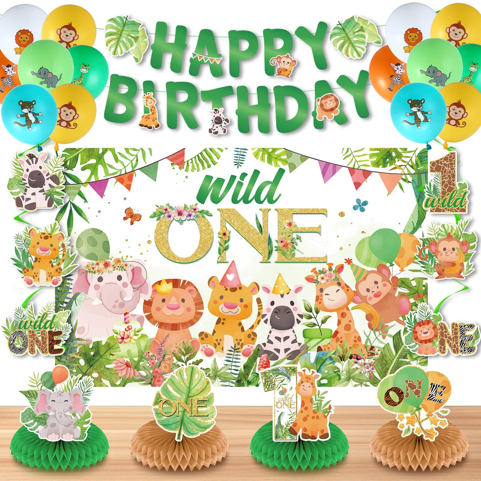 Dschungel-Party-Banner-Set – 2 Stück: „Happy Birthday“-Glitzer-Banner & Safari-Tier-Banner Mit Elefant, Löwe, Tiger Uvm. – Perfekt Für Safari-Geburtstage & Babypartys