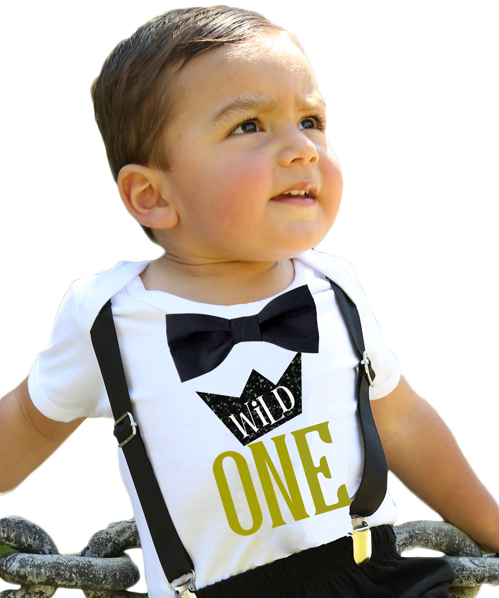 Wild One Boys First Birthday Shirt Outfit Boy with Black Bow Tie Black Suspenders and  Gold  Saying Cake Smash 1st Birthday Party Noah's BoytiqueNoah's Boytique 6-12  Months - image 1 of 5