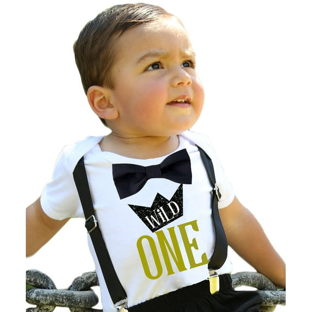 Wild One Boys First Birthday Shirt Outfit Boy with Black Bow Tie Black Suspenders and  Gold  Saying Cake Smash 1st Birthday Party Noah's BoytiqueNoah's Boytique 6-12  Months