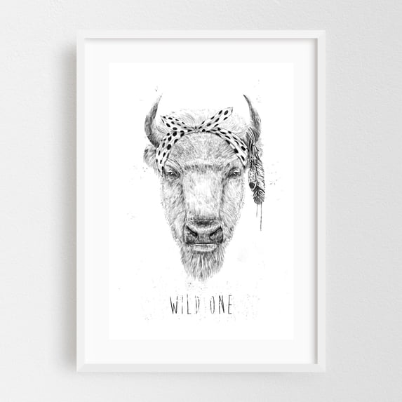 Wild One - Illustration Wildlife Animal Sketch Black and White Boho Quote White Framed Wall Art Print 5 x 7 inches