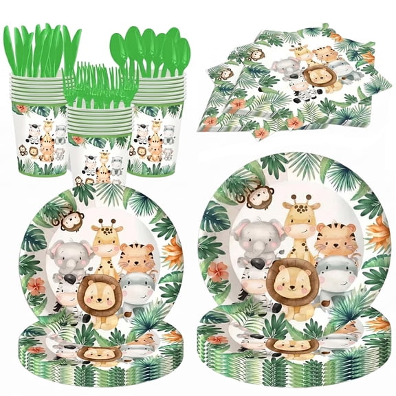 Wild One Jungle Party Supplies Set, 140 PCS Animal Birthday Tableware Kit with Plates, Cups, Napkins & Tablecloth, Adorable Animal Theme Party Gift for Kids & First Birthday Celebrations