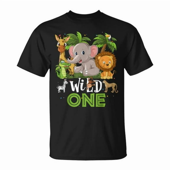 Wild One Safari Jungle Birthday Graphic Tee Unisex Youth Cotton Shirt for 1st Birthday Celebration, Fun Animal Theme Outfit, Matching Family Party Gift Idea, Size M, Color Black