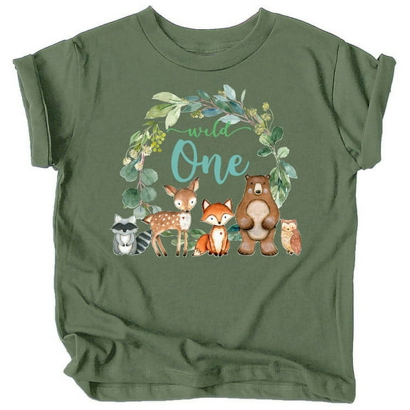 Wild One Wreath with Woodland Animals T-Shirts for Baby Girls and Boys Military Green Shirt 12 Months