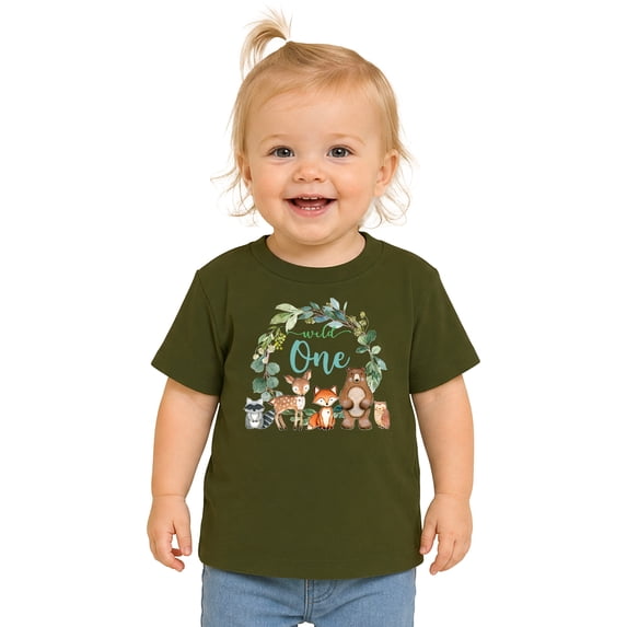 Wild One Wreath with Woodland Animals T-Shirts for Baby Girls and Boys Military Green Shirt 12 Months