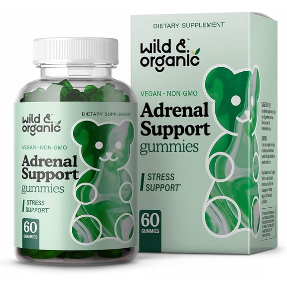 Wild & Organic Adrenal Support Gummies - Energy, Calm & Stress Gummies w/ Ashwagandha, 60 Chews