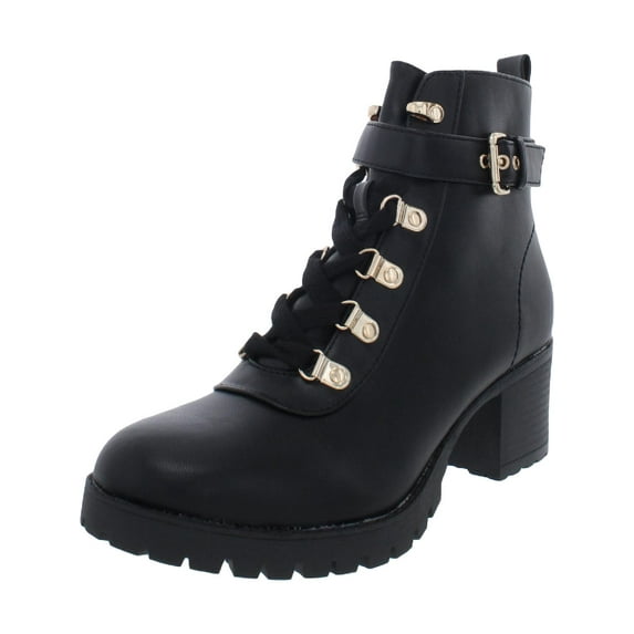 Wild Pair Womens Hillari Faux Leather Block Heel Combat & Lace-up Boots
