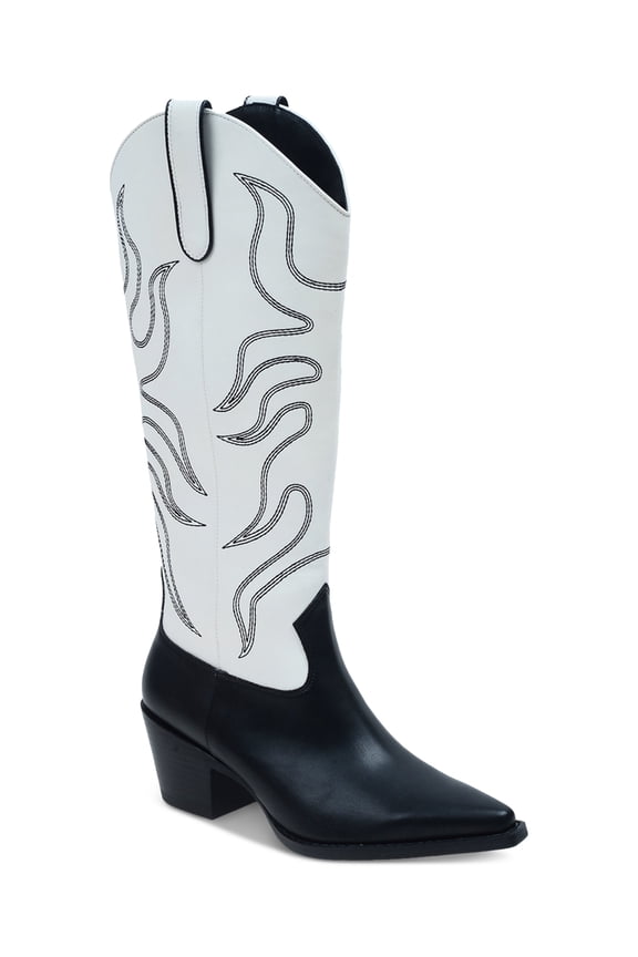 Womens Leahne Embroidered Cowboy Western Boots, Black/White Flame, 5.5