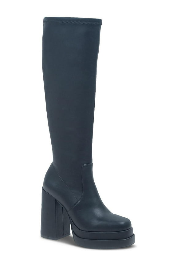 Womens Olyvia Block Heel Faux Leather Knee-High Boots