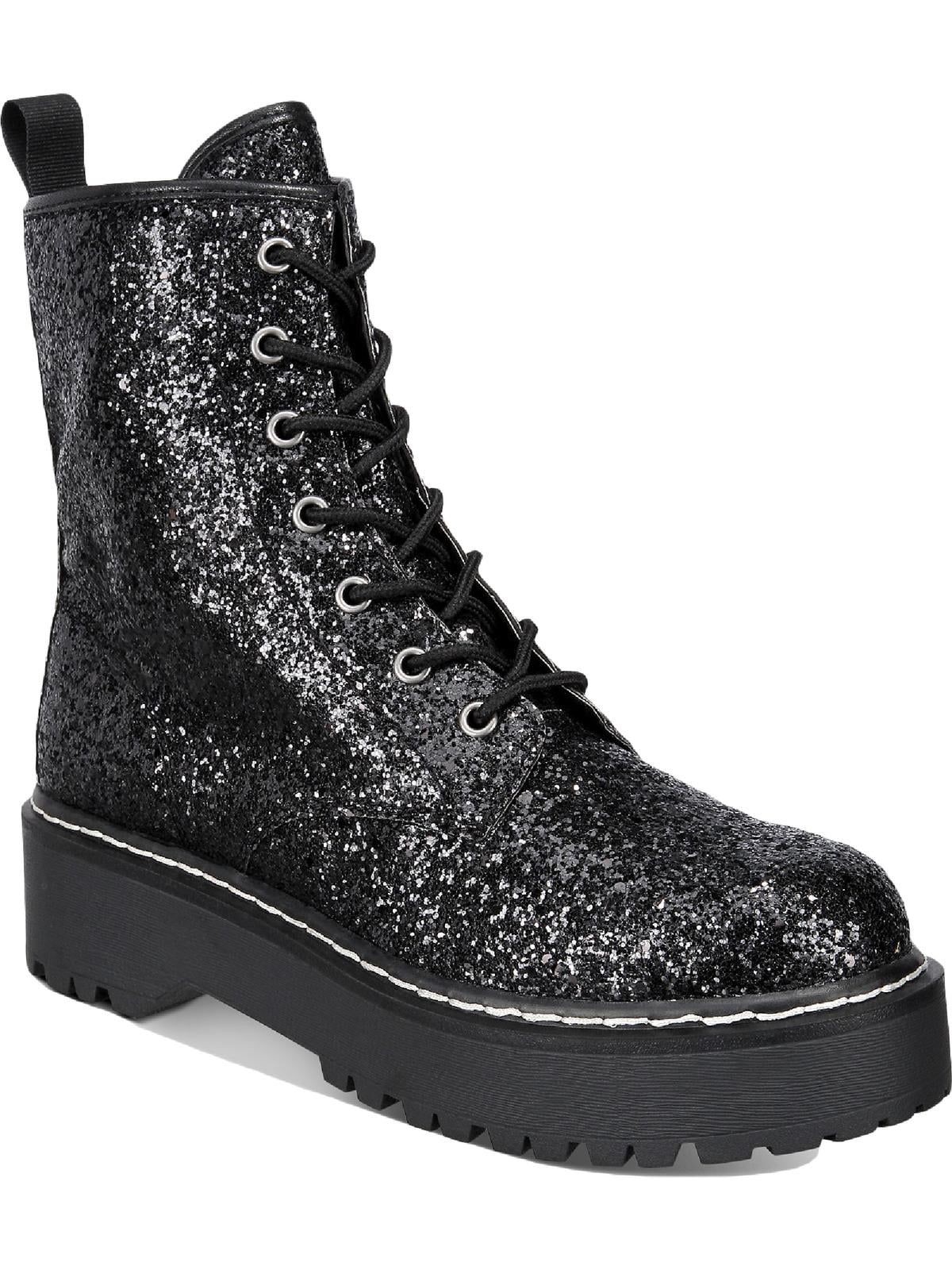 WILD PAIR Womens Black Side Zip Lug Sole Glitter Round Toe Block